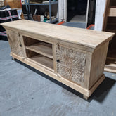 Handmade Indian Furniture Solid Hard Wood Carved Tv Unit in Natural Color